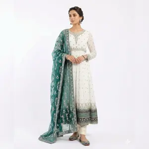 Indian Long Dress Top Quality Women's Wear Casual Summer White with Red & Blue Embroidered Sari Skirt