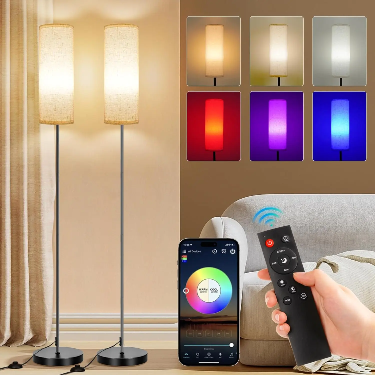 Floor Lamps for Living Room, Dimmable Temperature, Modern Corner Floor Lamp with Remote, Tall LED Standing Lamps for Kid Room Bedroom, Foot Switch, Beige Shade, 9W Smart Bulb Personalized LED Music Night Light