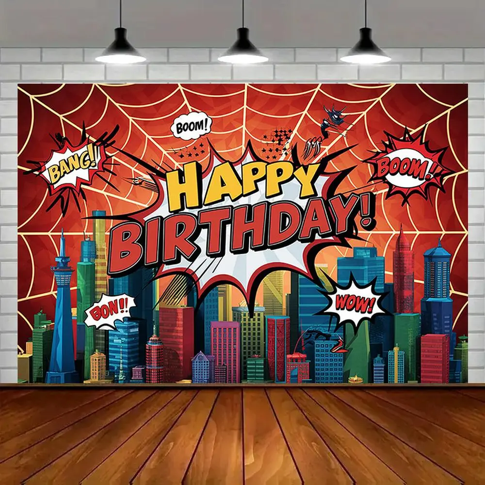 1pc Modern Farmhouse Spider Superhero Happy Birthday Banner - 75g/m² Durable Amber Glow Polyester Wall Decor, Indoor Party Supplies, Versatile Room Ornament