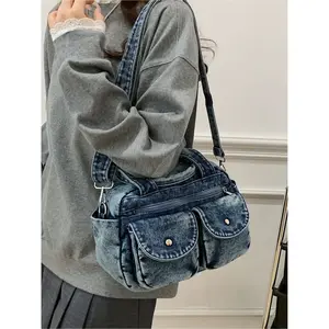1 piece Retro Japanese all-match washed denim handbag Casual multi-pocket y2k lazy style handbag Fashionable texture outing commuting campus shoulder messenger bag Zipper closure Suitable for commuting, shopping, leisure travel