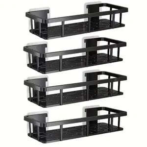 4PCS No Drill Wall Shelves Organizer with Hooks, Heavy Duty Plastic Storage for Bathroom Shower Kitchen, Adhesive Installation, Ideal for Toiletries Makeup Home Essentials, Bathroom Organizer Supplies