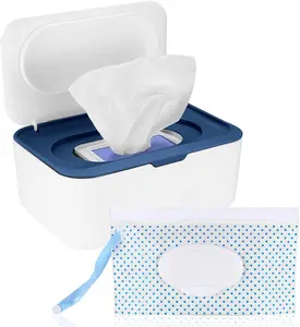 Wet Wipes Dispenser Box Blue High-Quality Plastic Dustproof Toilet Tissue Paper Container with Lid for Home Office Desk & Mask Storage Organizer Case Rubber Smooth