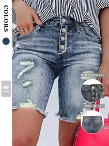 New Fashion Women's Ripped Elastic Jeans, High-Quality Summer Denim Shorts, Casual Fitted Solid Pattern, Trendy Ladies' Clothing, Button, Bottom, Womenswear, Style, Fabric