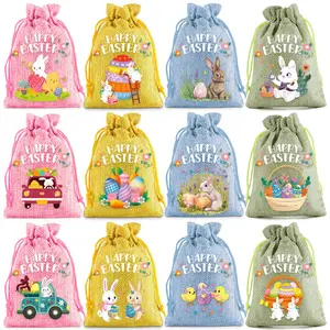 12 Pcs Easter Bunny Jute Drawstring Bag – Happy Easter Cinch Sack, Candy Bag & Gift Wrapping Pouch, Holiday Themed Storage, Party Favors Assortment