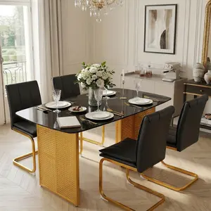 Modern Faux Marble Dining Table for 6 - 51" Tempered Glass Kitchen Table with Gold Pedestal Metal Legs, Small Space Luxury Dinner Table for Apartment & Office