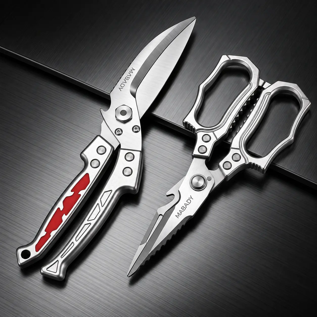 MABADY 2-Pack Heavy Duty Kitchen Shears, All-Metal Stainless Steel Scissors Set, Detachable Multi-Functional Cooking Shears & Spring-Loaded Poultry Shears with Bone Notch for Raw Meat, Chicken, Fish, Dishwasher Safe