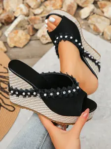 Women's Rhinestone Pearl Embellishments Woven Design Wedge Sandals, Open Toe Thick Sole Platform Shoes, Vacation Wedding Date Summer Footwear, Wedged Sandals