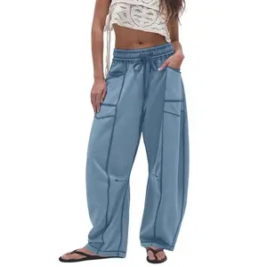 Womens Baggy Barrel Pants Wide Leg Lounge Drawstring Sweatpants with Pockets