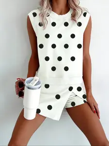 Summer New Cute Polka Dot Print Dress Style Casual Two-Piece Set, Sleeveless Loose-Fitting Crop Top, Women's Fashion