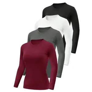 4 Packs Women's Long Sleeve Basic Shirts Crew Neck SlimFitted Compression Gym Workout Athletic Underscrubs Tops