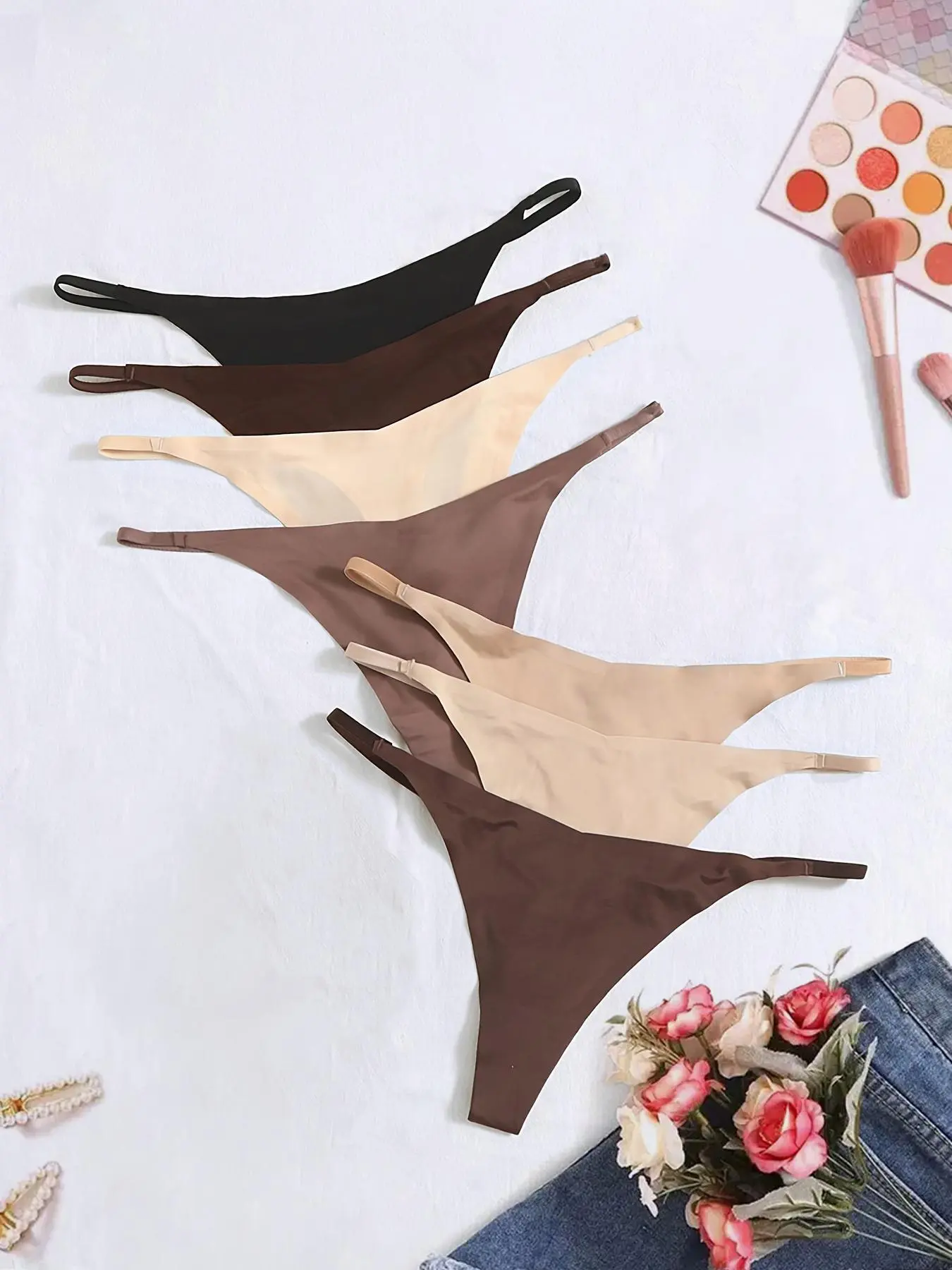 Women's Plain Seamless Low-Rise Thong Panties Set, Fashionable Comfy Minimalist Underwear, Fitted Design with Moderate Fabric Thickness, All-Season Everyday Wear, Seamless Panty, Elastic Undergarments, Low Waist Panty, Casual Comfy Panties