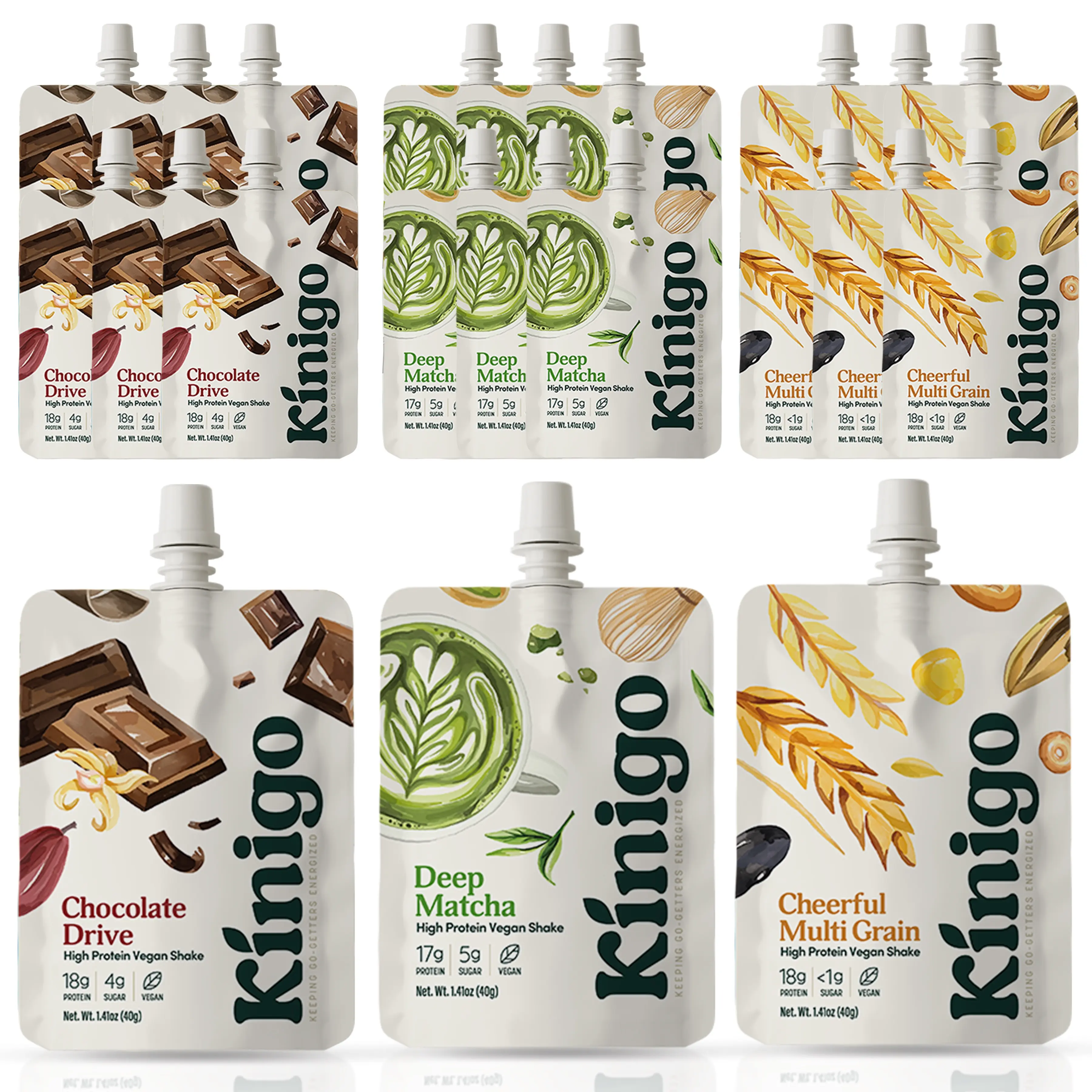 Kinigo High Protein Vegan Shake - 3 Flavor Sampler Pack 15 pouches Matcha, Chocolate, Multigrain