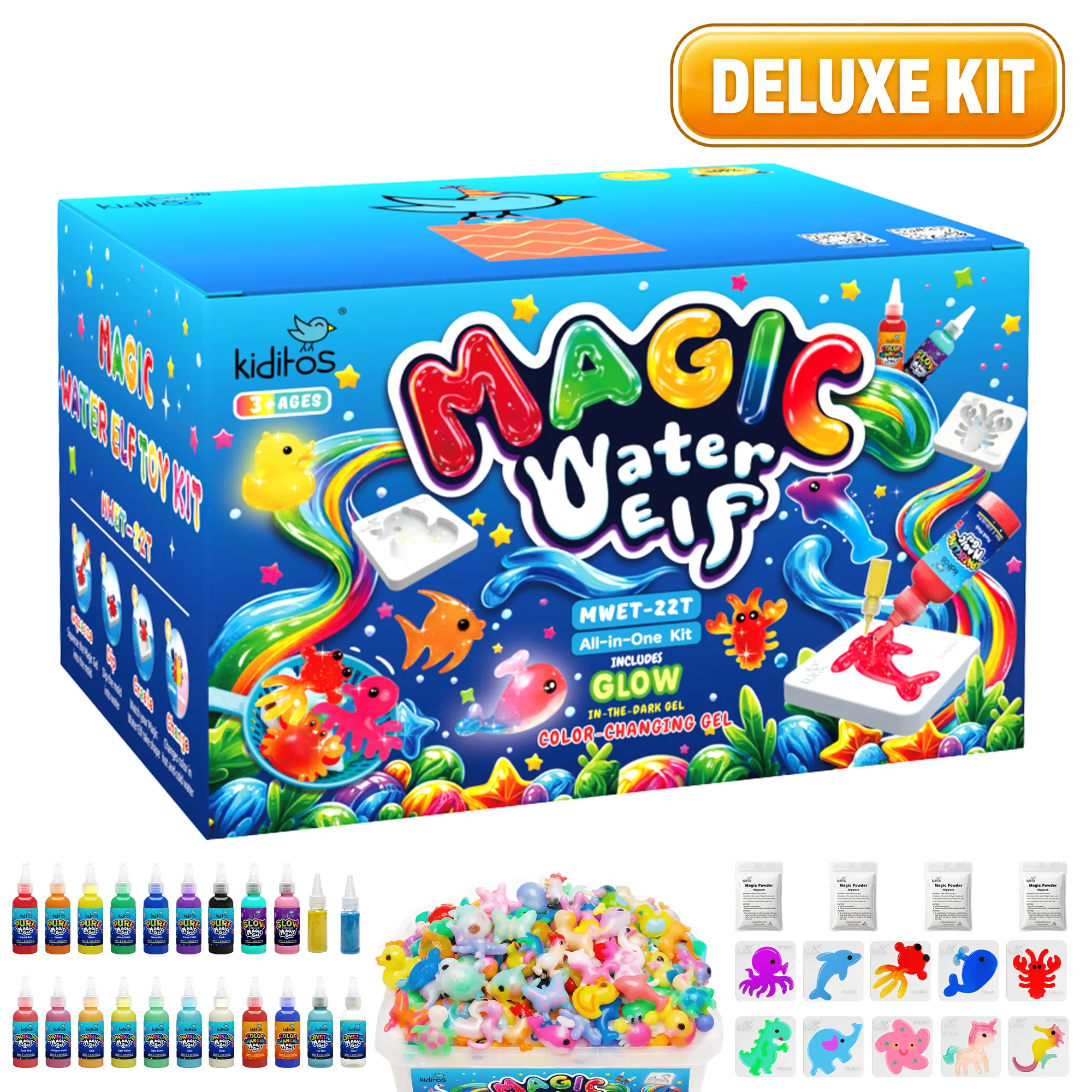 Kiditos Magic Water Elf Kit for Kids, Sea Creatures Glitter, 20 Aqua Gels, 2 Glitter Powders & 10 Molds, DIY Toy Ages 3+ Rubber
