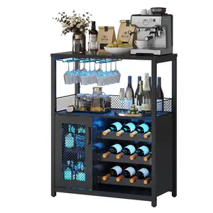 Garvee 3-Tier Wine Bar Cabinet with LED Light, Adjustable Shelves, Detachable Wine Rack, Mesh Door, and Glass Holder - Modern Sideboard for Home, Dining Room, Kitchen