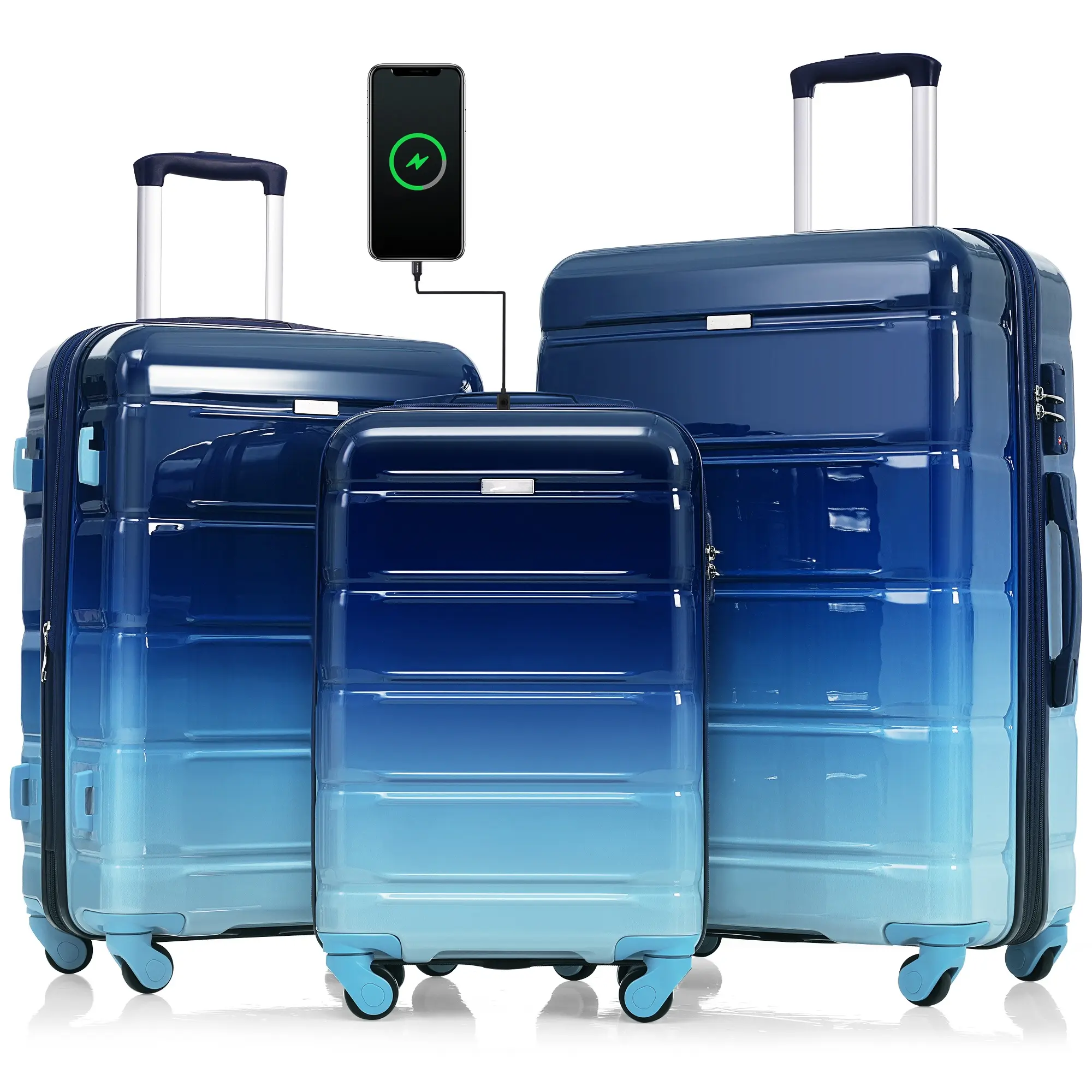 Unisex 3-Piece PC+ABS Hardside Luggage Set, Multicolor Rolling Easy Glide Suitcases with 360° Spinner Wheels, TSA Lock, 20-Inch Lightweight Carry On with USB Port for On the Road Use, Luggage Sets, Durable Luggage Set