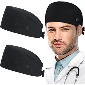 2PCS Working Caps with Button and Sweatband, Adjustable Working Hats for Women Men, One Size(Tie Back or Toggle)