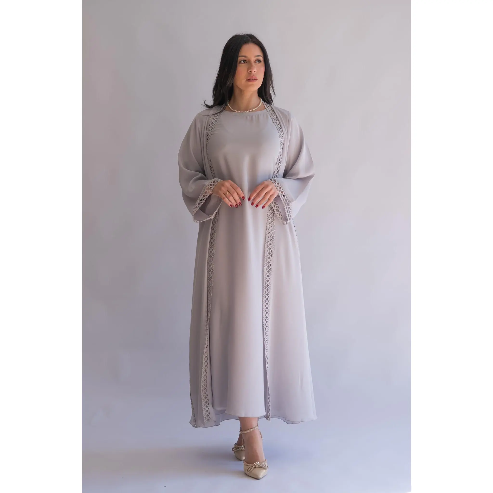 2 pieces silver gray net abaya with sheila
