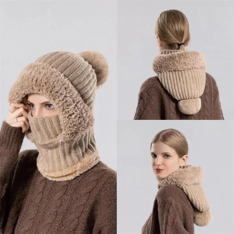 Women's Adjustable 3-in-1 Hooded Knitted Protective Gear - Cold-Windproof Hat, Hooded Scarf with Extra Face Coverage, Motorcycle Balaclava Face Mask Headwear for Autumn Winter Motorcycle Use, Motorcycle Face Mask