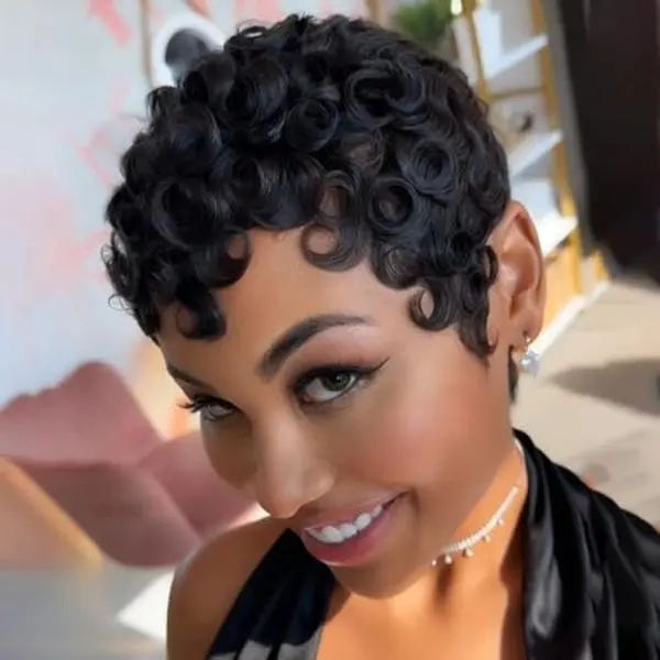 ZIHAN Glueless Pixie Cut Wig for Black Women, 12 Inch Brazilian Curly Synthetic Hair, Short Layered Style with Bangs, Natural Black, Black Woman Wigs