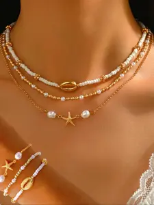 Boho Style Starfish & Shell Design Layered Necklace & Bracelet, Fashion Jewelry for Party, Daily Decor, Trendy All-match & Exquisite Jewelry for Birthday Gift