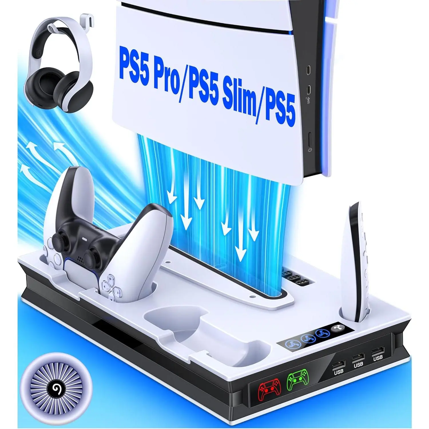 ESYWEN PS5 Pro/Slim/Ps5 Stand and Cooling Station with Controller Charging Station for Playsation 5 Disc Digital Consoles, PS5 Accessories Incl. 3 Levels Cooling Fan, 3 USB Hub, Headset Holder, Media Slot