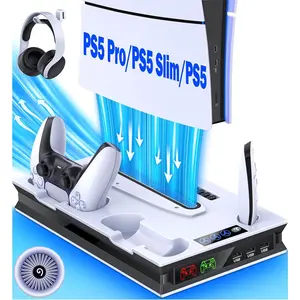 ESYWEN PS5 Pro/Slim/Ps5 Stand and Cooling Station with Controller Charging Station for Playsation 5 Disc Digital Consoles, PS5 Accessories Incl. 3 Levels Cooling Fan, 3 USB Hub, Headset Holder, Media Slot