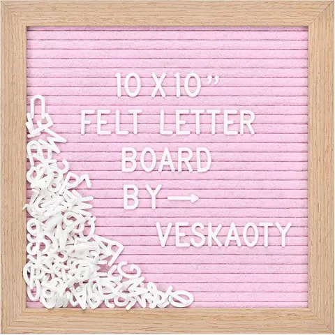10x10 Inch Felt Letter Board for Aesthetic Room Decoration - 294 Letters, Numbers & Symbols, Wooden Frame, Wall Mount Hook, Pink & Wood Signage for Office Home Decor, Living Room Decor, Classroom