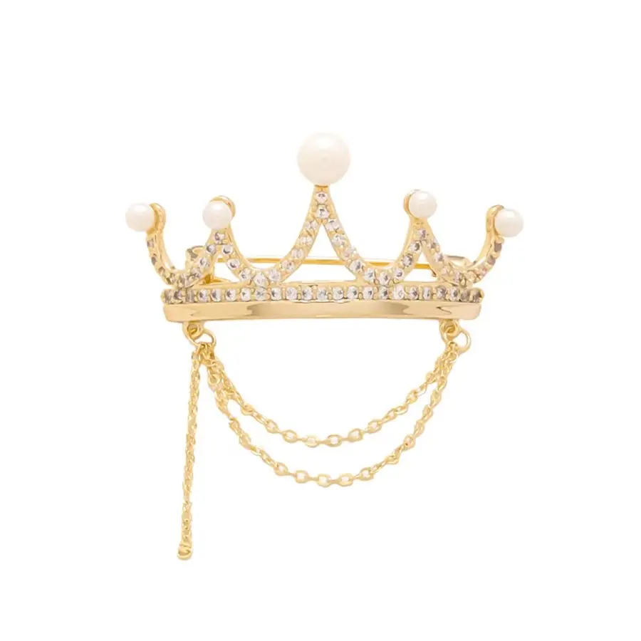 Women's Elegant Pearl Crown Brooch with Dangling Chain, Versatile Fashion Corsage Pin for Female Clothing Accessory, Crown Shape, Pearl Accents
