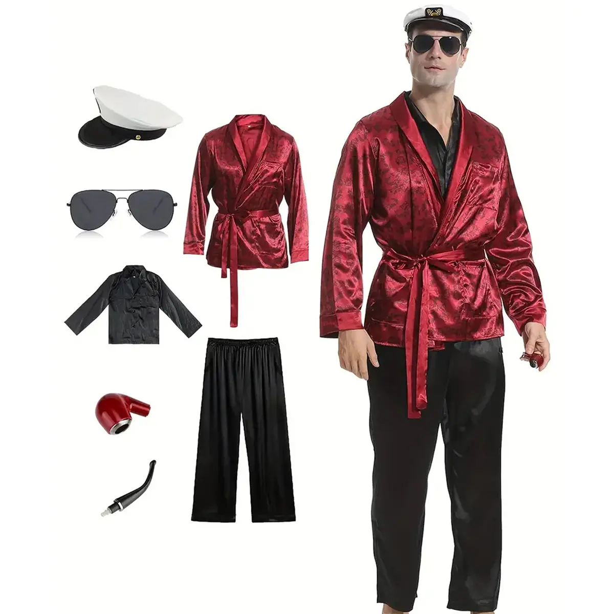AYJKSEVEN Halloween ThePajamaMan Costume for Unisex, Mogul Outfits Jacket Robe Coat and Black Silk Shirts Pants Menswear Clothing Bestie Beige Plain