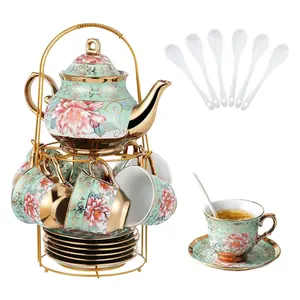 European Style Porcelain Tea Cup Set with Metal Holder - Multicolor Floral Print, Large Size, Fresh Elegant Home & Party Supply for Women