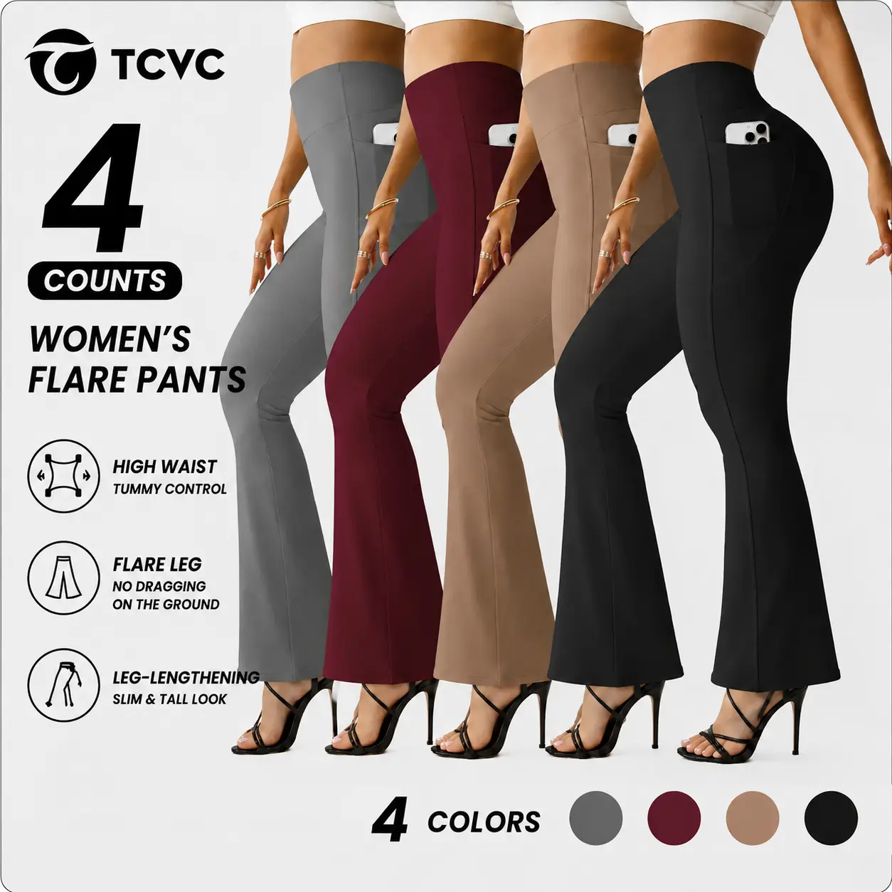 TCVC Women's High Waist Flare Pants with Pockets, Lightweight Thin Fabric for Spring Summer, Buttery Soft Yoga Workout Pants, Casual Wide Leg Trousers Womenswear