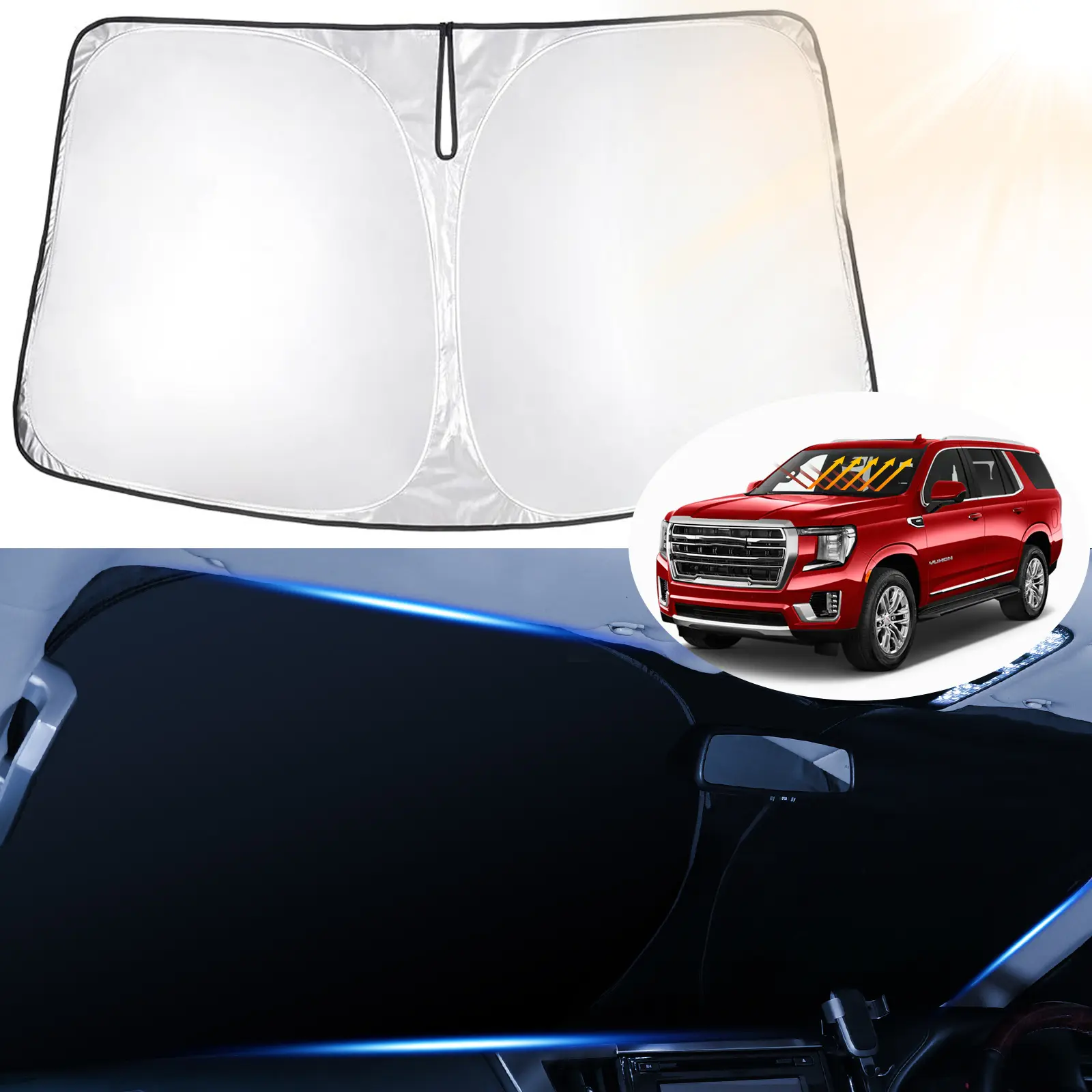Canvcle Retractable Portable Car Windshield Sunshade - 2021-2025 Chevrolet Suburban/GMC Yukon XL Fit, 240T 5-Layer UV-Blocking Automotive Glass Sunshade for Outside, Easy Installation, AC Boost, Exterior Car Accessories