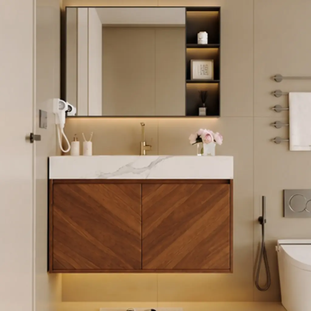 30" Wall-Mounted Bathroom Vanity Cabinet with Ceramic Sink, Brown Oak Finish, Soft-Close Doors, Sintered Stone Countertop, Modern Floating Storage for Small Bathroom, Powder Room, Apartment, 29.9"L x 18.1"W x 19.7"H, Walnut/White Color Options