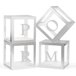 4 Pcs 11.8 x 11.8 x 11.8 Inch Clear Prom Balloon Boxes with Letters Sliver for 2026 Prom Decorations