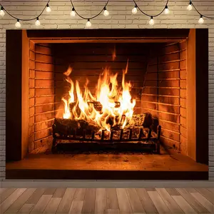 Christmas Fireplace Wood Burning Decorative Fabric Tapestry - Perfect for Living Room, Dining, Bedroom & Dorm Wall Decor | Ideal Holiday Party Accessory & Gift Wooden Home Decoration