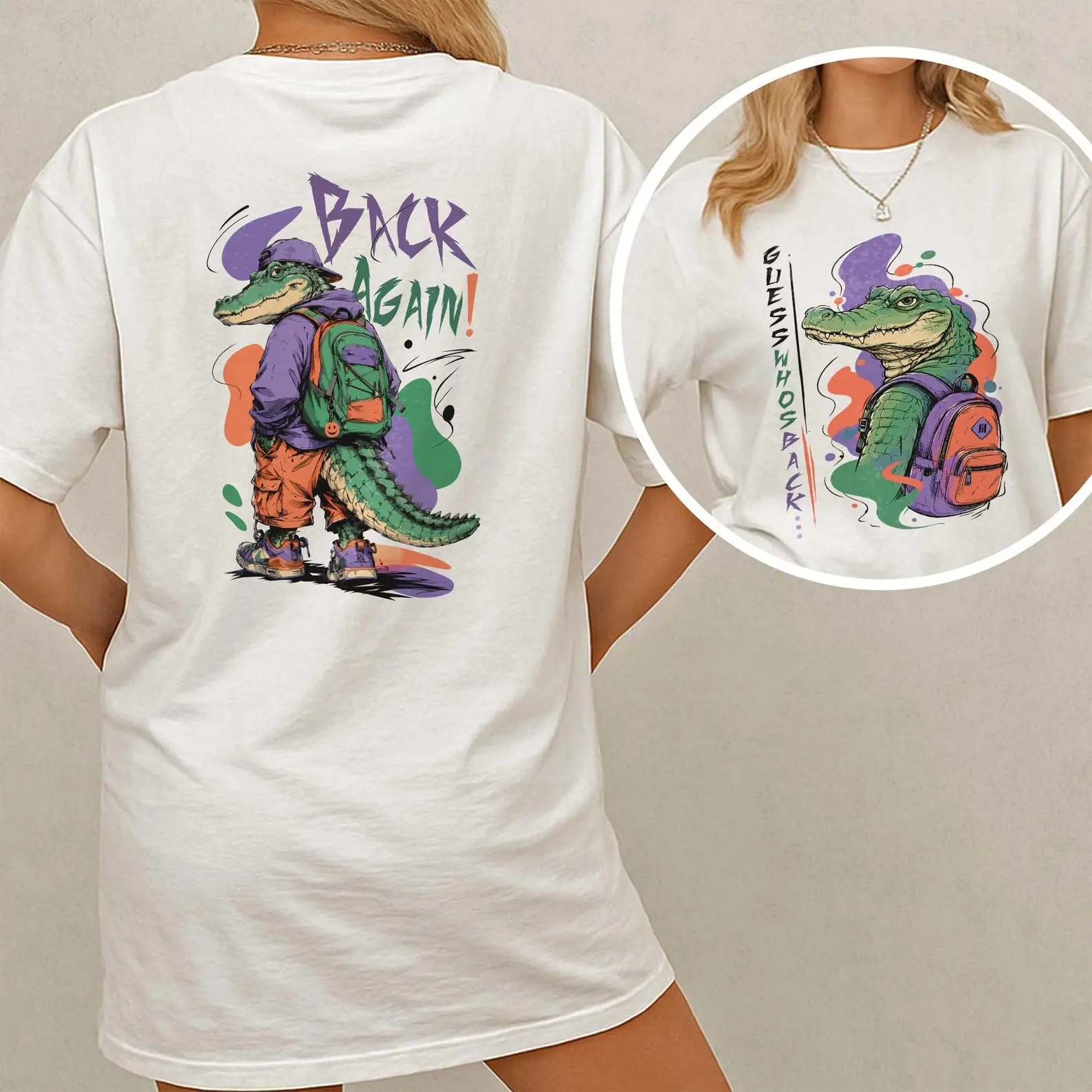 Front and Back Print Guess Who's Back Comfort Colors Shirt | Funny Alligator Back to School Tee
