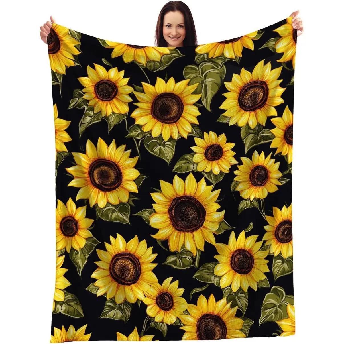 Vibrant Sunflower Throw Blanket - Yellow and Green Floral Print On Black Background - Soft and Warm Home Decor - Perfect for Sofa Or Bed Or Travel