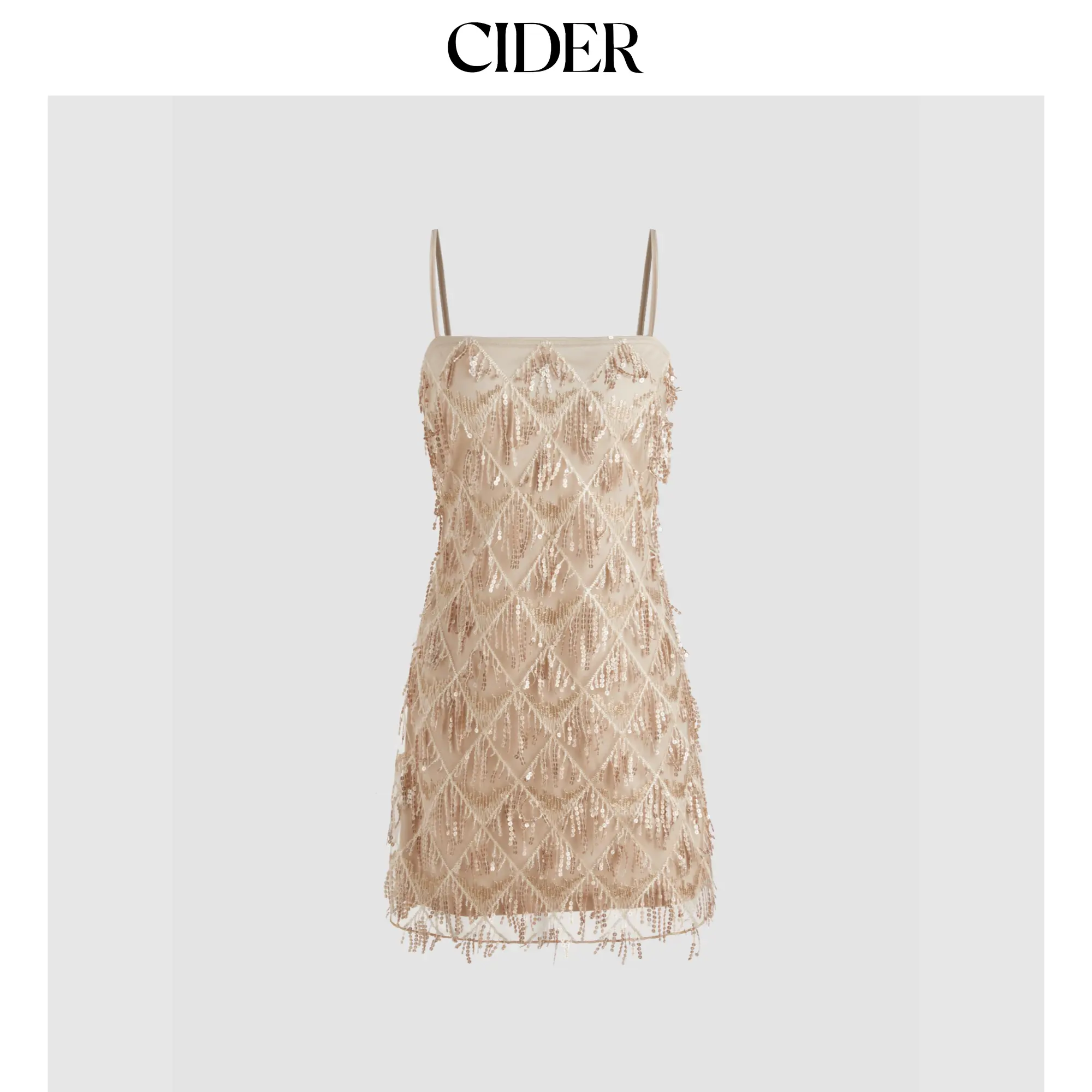 Cider Women's Polyester Sleeveless Sequin Tassels Square Neck Mini Dress - Casual Wear, Sexy Party Outfit, Geometric Bold Shape, Squareneck Drama, Geometric Print, Above Knee