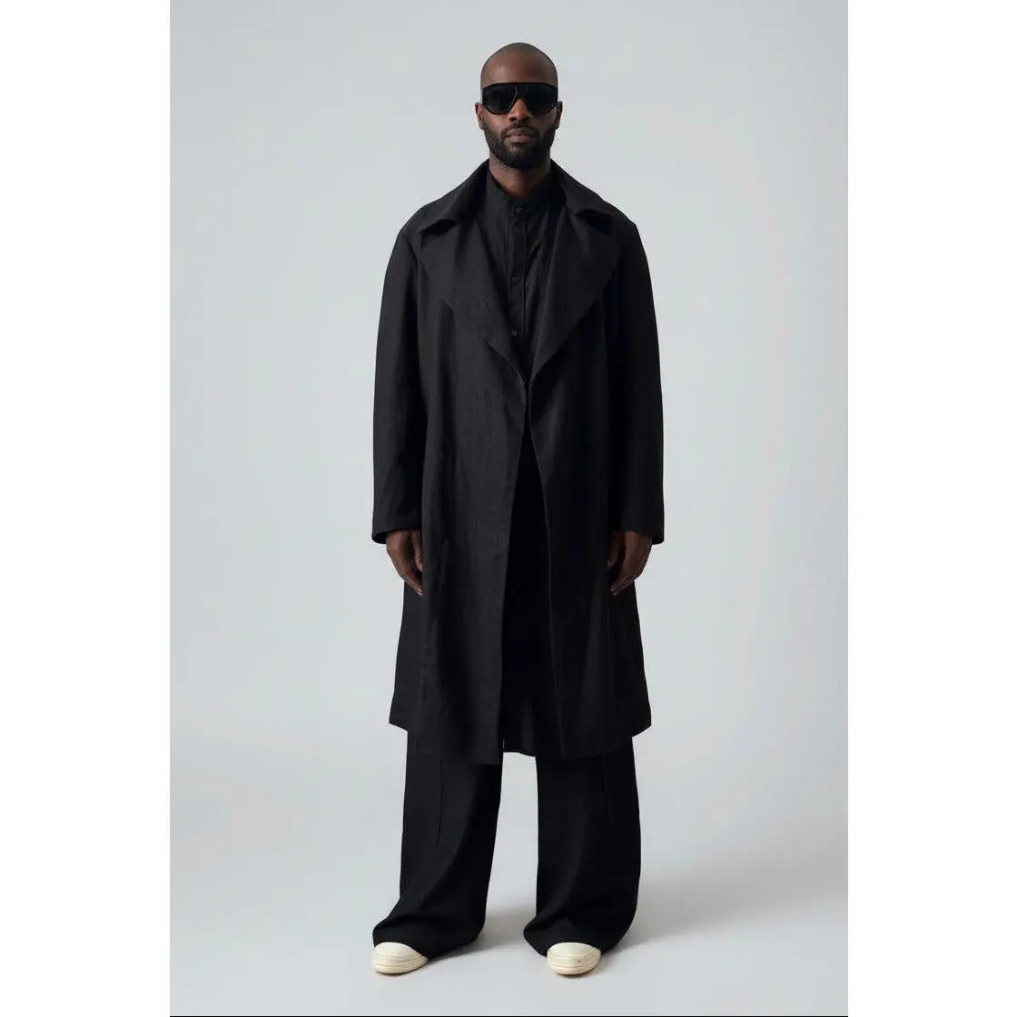Men’s Black Linen Trench Coat | Lightweight Unlined Coat | Minimalist Long Jacket | Avant-Garde Outerwear | Spring Summer Layer