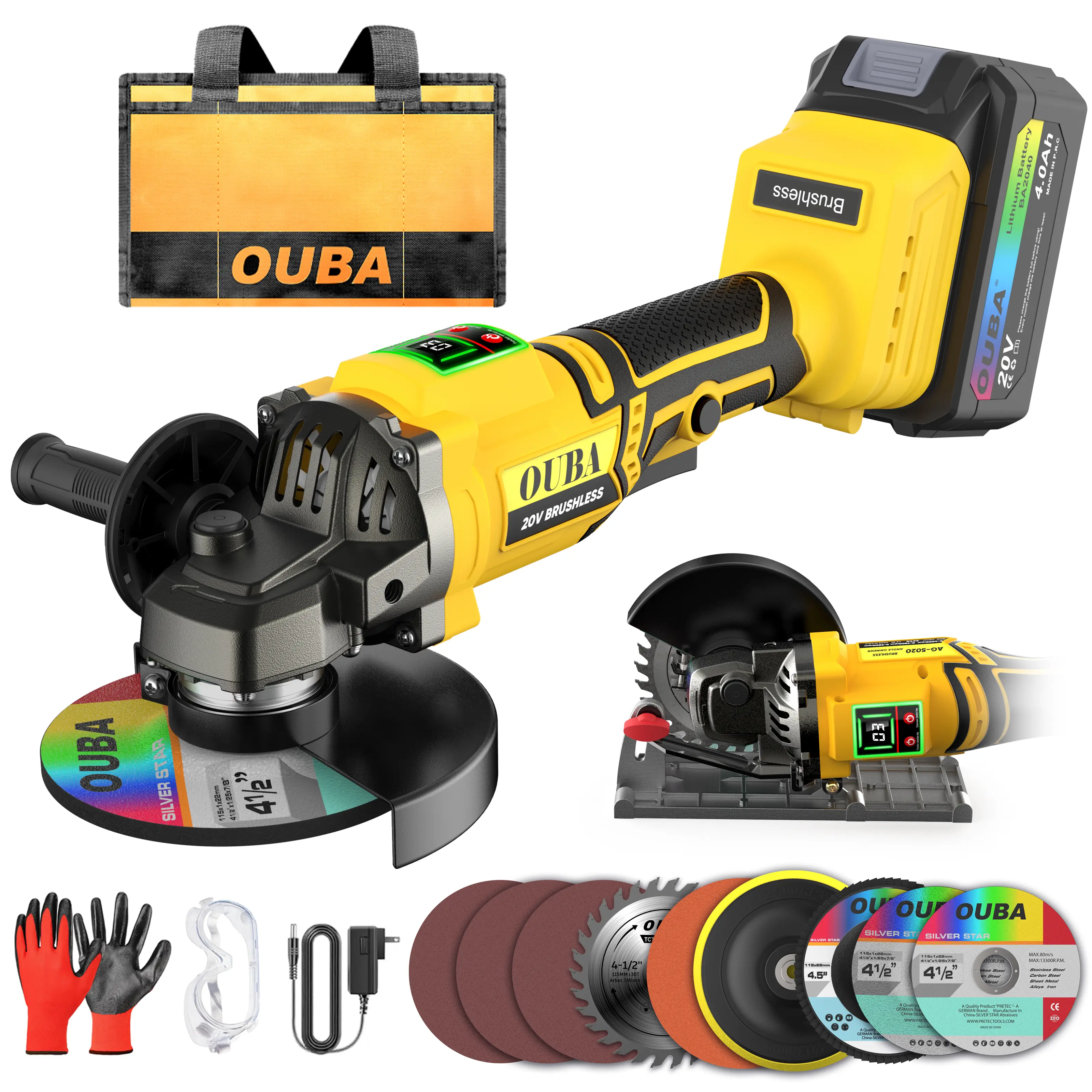 OUBA Cordless Angle Grinder Compatible for Dewalt 20V Max Battery, 3 Variable Speed, Brushless Motor with LED, Power Angle Grinder Tool Stand, Flap Disc Grinding,1x 4.0Ah Battery& Fast Charger