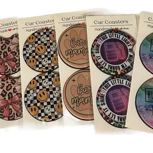 Set Of 2 Cute Aesthetic Car Coasters Girly Accessories Handmade With Love Unique Designs For Car Lovers