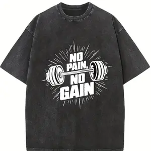 No Pain, No Gain Gym-Inspired Graphic Print Washed T Shirt 230gsm, Summer Round Neck Gym & Outdoor Sports Apparel, All-Season Fitness Shirt, workout, Sporty Design, summer outfits, Performance Wear, Casual Athletes, Gym Shirts, Workout Clothing