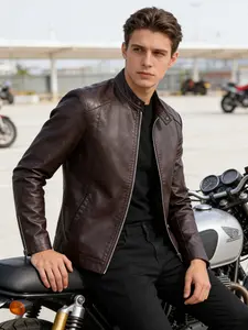 Men's Leather Jacket Casual Vintage Motorcycle Biker Coat, Fitted Plain Design, Perfect Gift for Men Friends Husbands Boyfriends Fathers