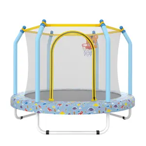 55-Inch Small Trampoline for Kids with Basketball Hoop Safe Indoor & Outdoor Toddler Trampoline Sturdy Active Play Jumping Toy for Boys Girls ASTM Approved 30 Springs Printed Blue