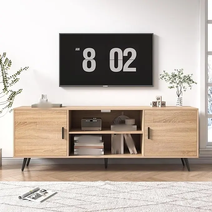 70" Mid-Century Modern TV Stand for 75" TV, Wooden Entertainment Center with Storage Shelves, Media Console for Living Room or Bedroom, Tv Cabinet Table, Tv Stand Living Room