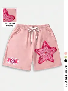 Men's Star Print Embroidery Shorts, Regular Fit Casual Comfy Pocket Drawstring Waist Shorts for Summer, Men's Bottoms for Daily Wear