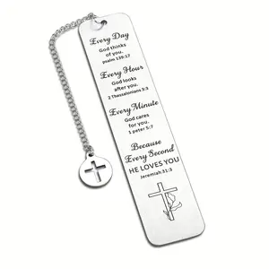 Stainless Steel Christian Bookmark, Bible Verse Bookmark with Cross Pendant, Religious Gift for Friends & Family, Birthday Gift for Book Lovers