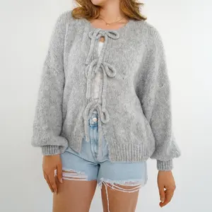 Women Y2k Tie Front Knitted Cardigan Sweater Long Sleeve Open Front Oversized Cardigan Knitwear Tops Streetwear Fit Elegant Casual Chic Light Womenswear Jacket Solid Knitting Basic Fitted Minimalist Multicolor