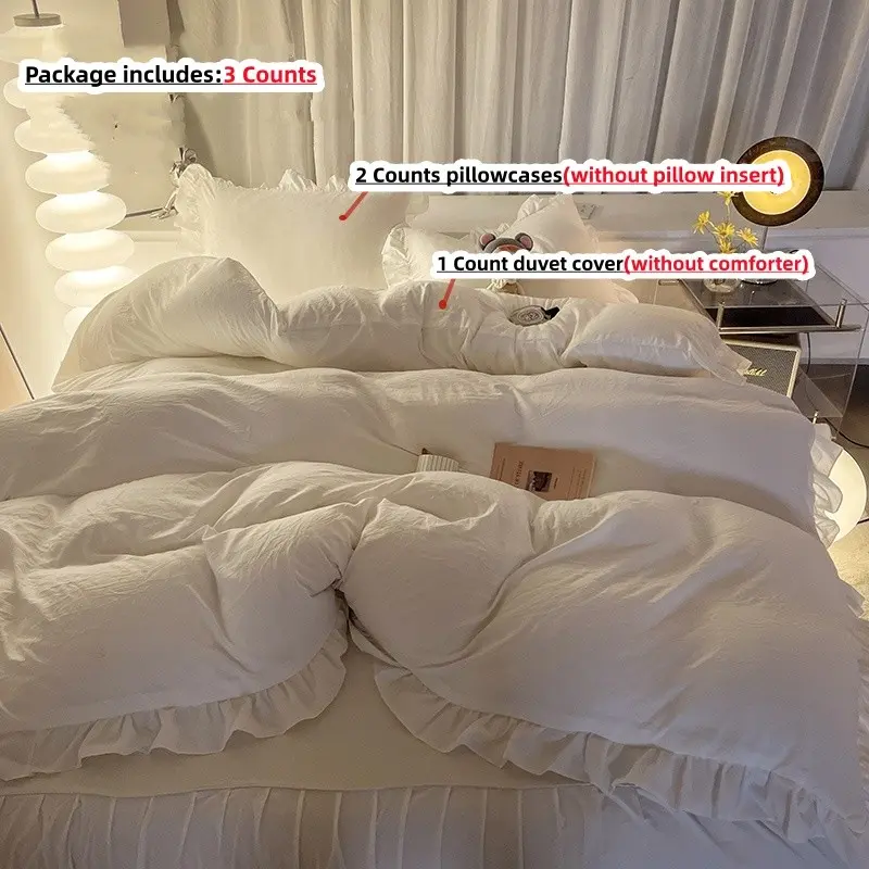 3pcs Pure Color Ruffled Bedding Set, Includes 1 duvet cover and 2 Pillowcases, Zipper Design, Soft Fabric, Suitable for All Seasons, Soft Bedding Sets, Bed Sets Supplies