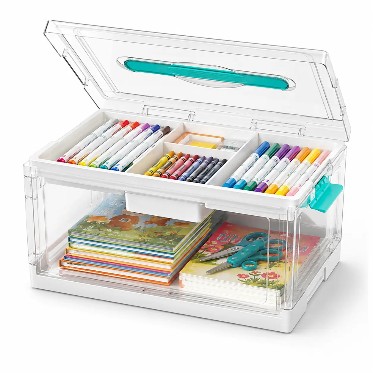 Clear Craft Storage Bin with Removable Trays&Adjustable Dividers, Containers for Art Supply Coloring Books Sensory Toys Medicine Playdough Squishy Hair Bows Homeschooling, Transparent Dust Proof, Preschool & Backtoschool Restock